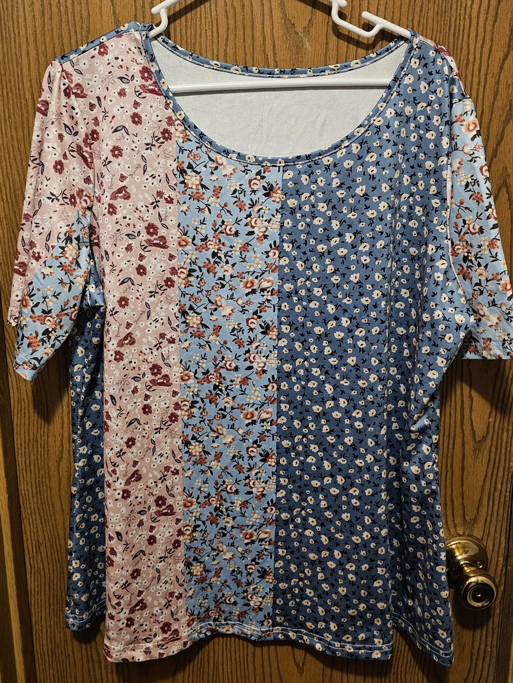 Patchwork Floral Scoop Neck Blouse in Blue & Pink